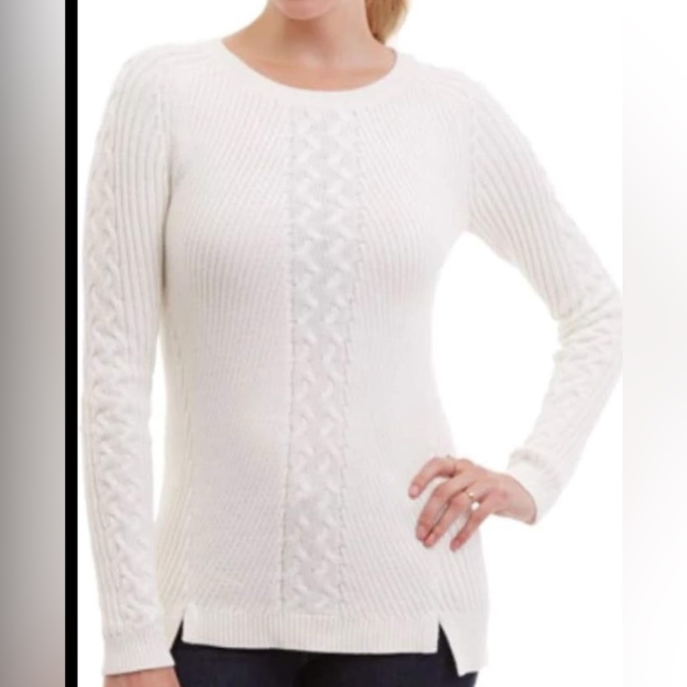 Nautica Womens Single Cable Knit Tunic Off White Sweater Size Medium EUC